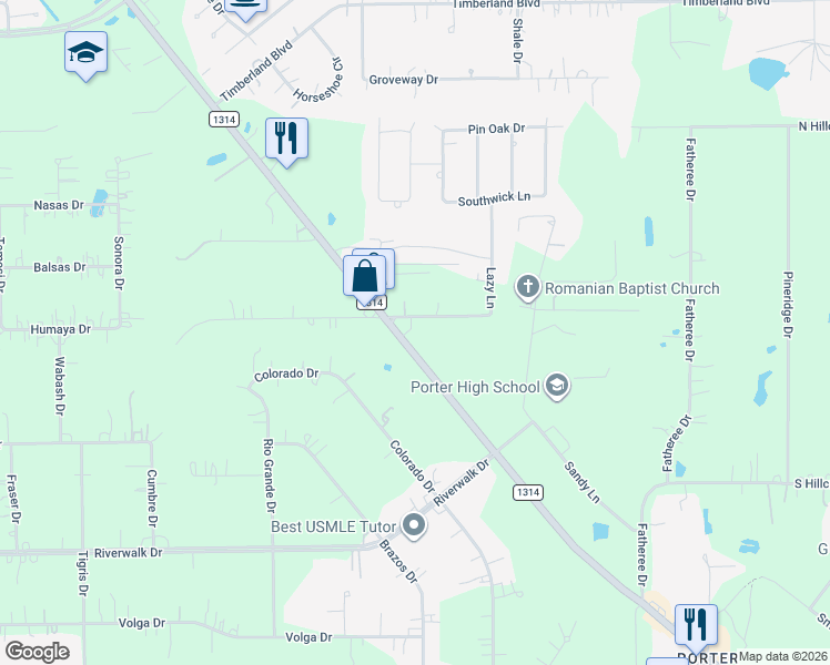 map of restaurants, bars, coffee shops, grocery stores, and more near 19518 Lazy Lane in Porter