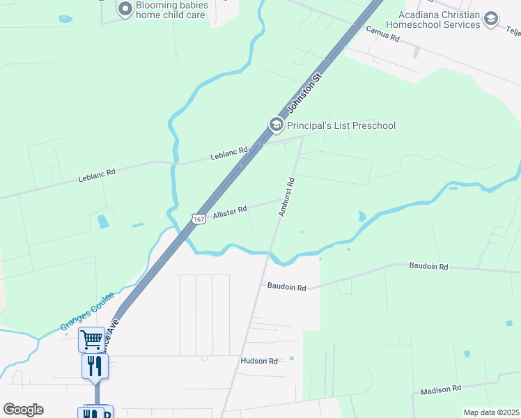 map of restaurants, bars, coffee shops, grocery stores, and more near 130 Allister Road in Maurice