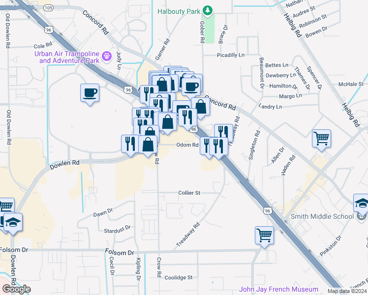 map of restaurants, bars, coffee shops, grocery stores, and more near 4751 Odom Road in Beaumont