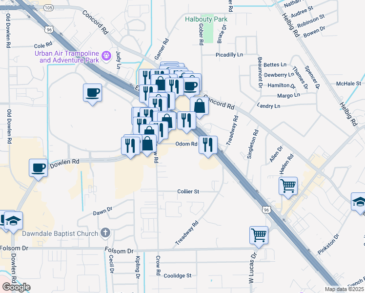 map of restaurants, bars, coffee shops, grocery stores, and more near 4751 Odom Road in Beaumont