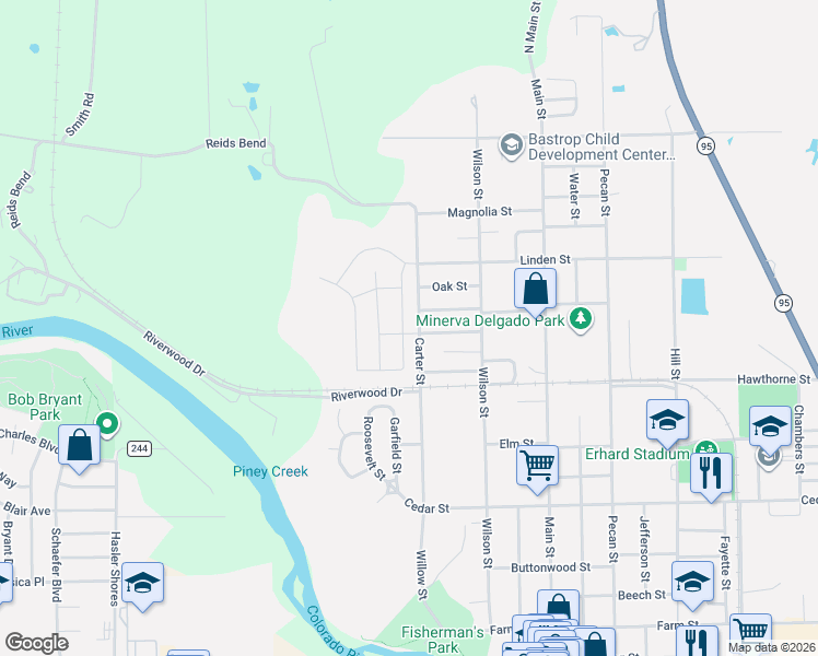 map of restaurants, bars, coffee shops, grocery stores, and more near 1618 Dragonfly Loop in Bastrop
