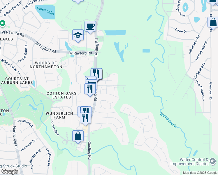 map of restaurants, bars, coffee shops, grocery stores, and more near 24530 Gosling Road in Spring