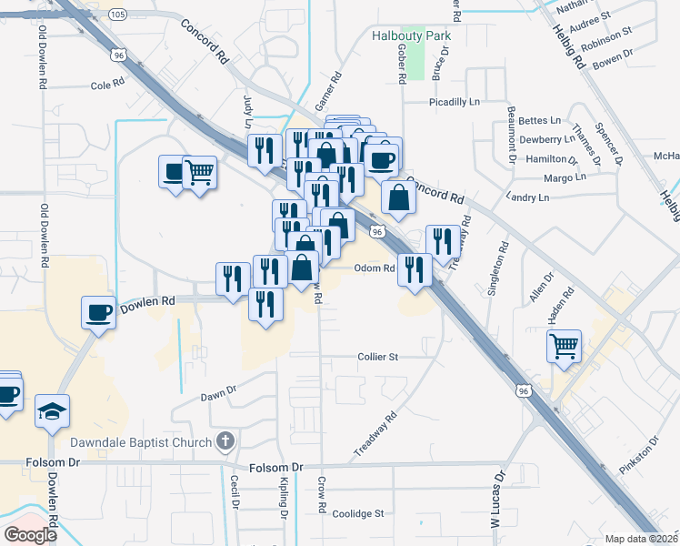 map of restaurants, bars, coffee shops, grocery stores, and more near 4775 Odom Road in Beaumont