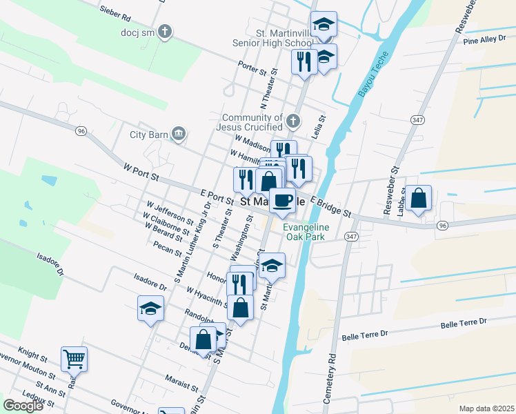 map of restaurants, bars, coffee shops, grocery stores, and more near in Saint Martinville