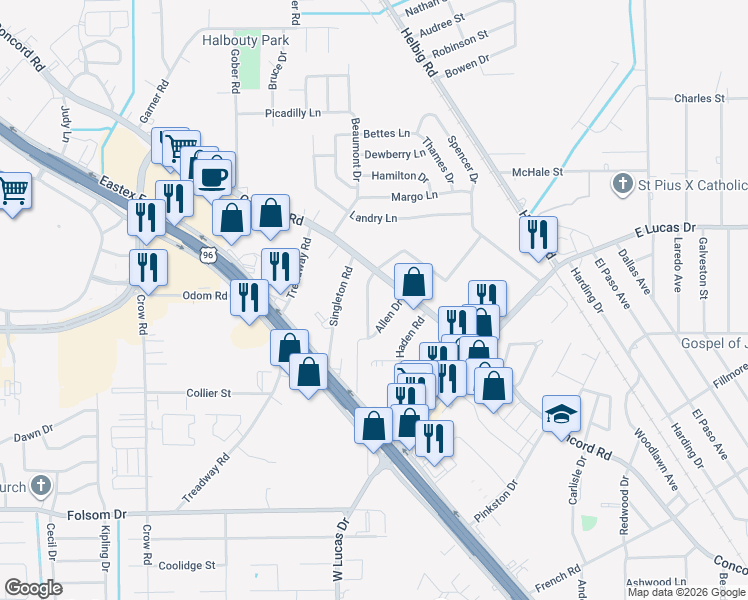 map of restaurants, bars, coffee shops, grocery stores, and more near 4490 Trotman Road in Beaumont