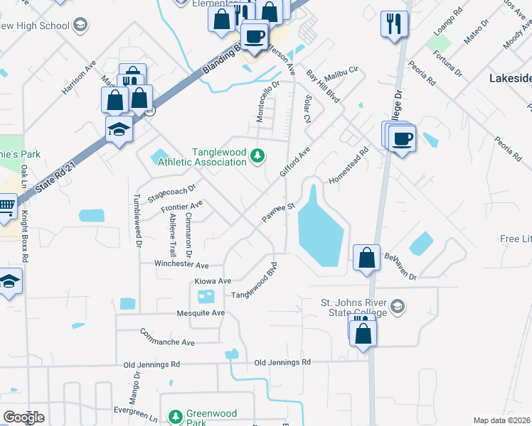 map of restaurants, bars, coffee shops, grocery stores, and more near 1484 Pawnee Street in Orange Park