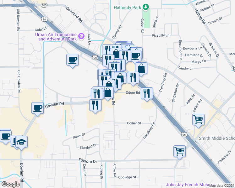 map of restaurants, bars, coffee shops, grocery stores, and more near 4775 Odom Road in Beaumont