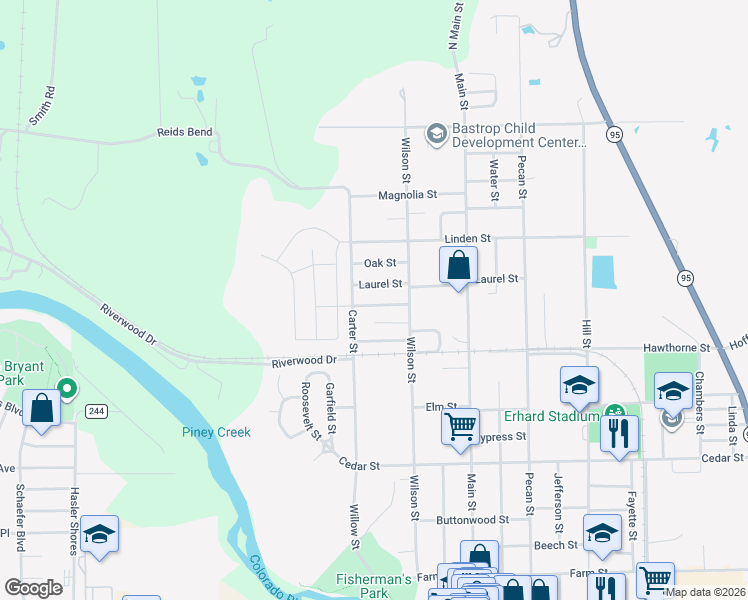 map of restaurants, bars, coffee shops, grocery stores, and more near 404 Juniper Street in Bastrop