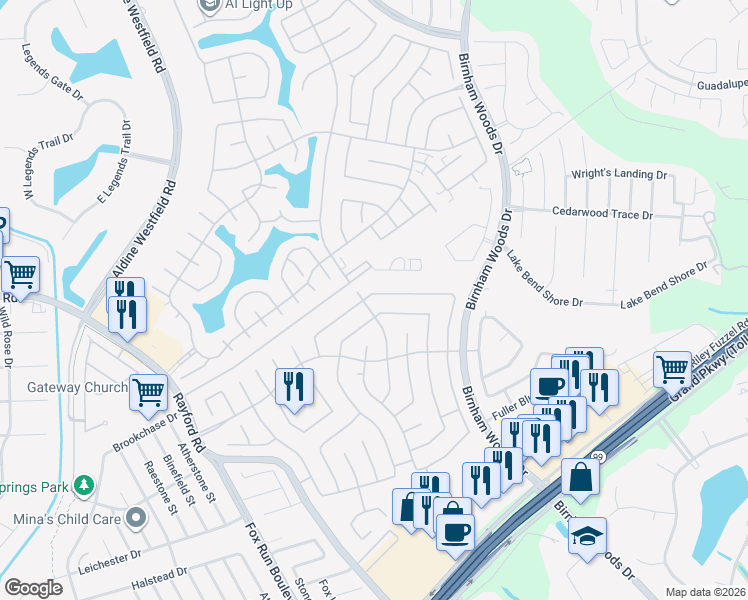 map of restaurants, bars, coffee shops, grocery stores, and more near 3310 Legends Creek Drive in Spring