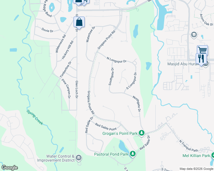map of restaurants, bars, coffee shops, grocery stores, and more near 34 Southgate Dr in Spring