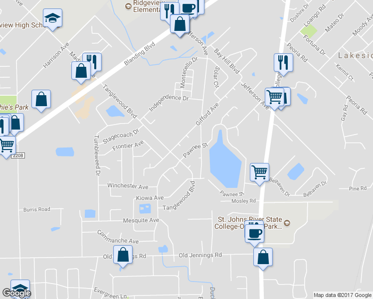 map of restaurants, bars, coffee shops, grocery stores, and more near 1484 Pawnee Street in Orange Park