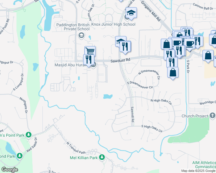 map of restaurants, bars, coffee shops, grocery stores, and more near 1585 Sawdust Road in The Woodlands