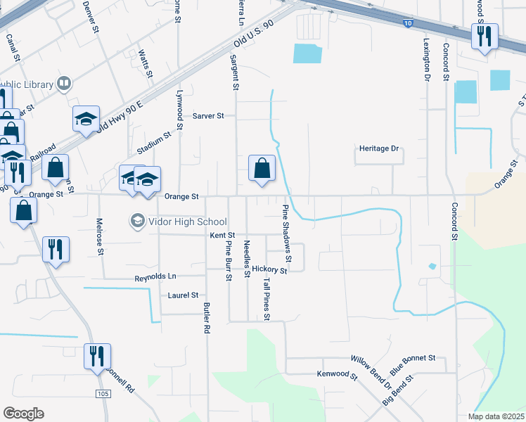 map of restaurants, bars, coffee shops, grocery stores, and more near 1035 Pine Cove Street in Vidor