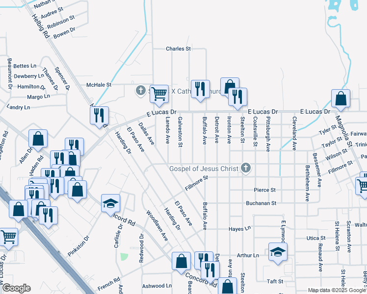 map of restaurants, bars, coffee shops, grocery stores, and more near 4620 Galveston Street in Beaumont