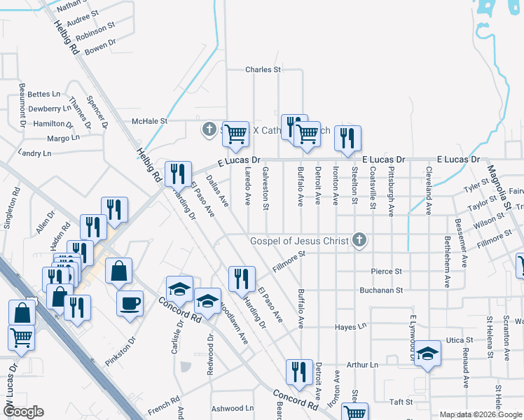 map of restaurants, bars, coffee shops, grocery stores, and more near 4635 Galveston Street in Beaumont