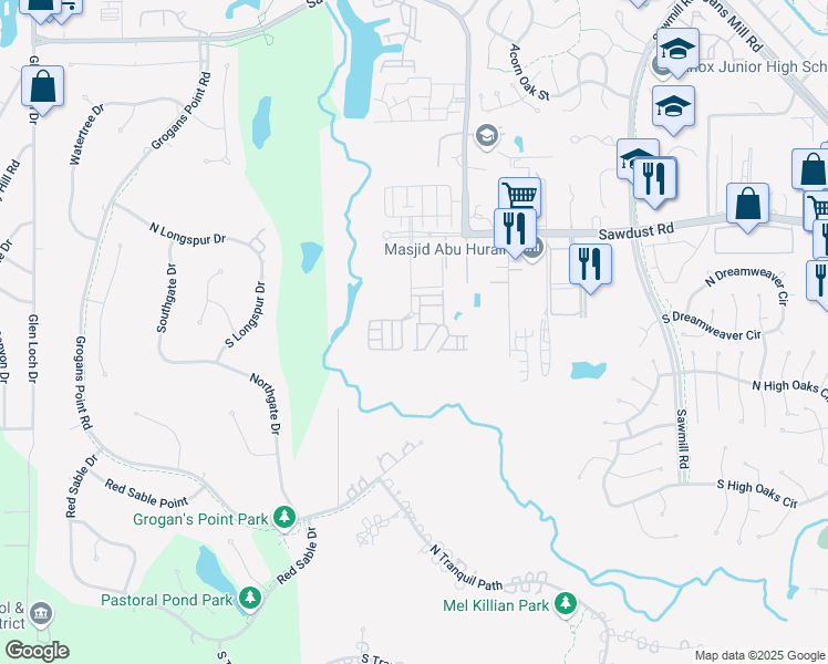 map of restaurants, bars, coffee shops, grocery stores, and more near 25145 Panther Bend Court in The Woodlands