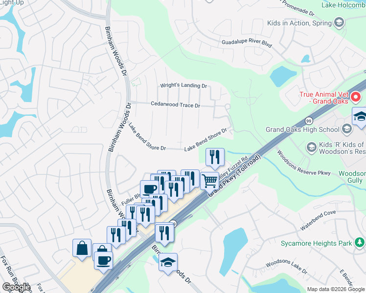 map of restaurants, bars, coffee shops, grocery stores, and more near 3707 Lake Bend Shore Drive in Spring
