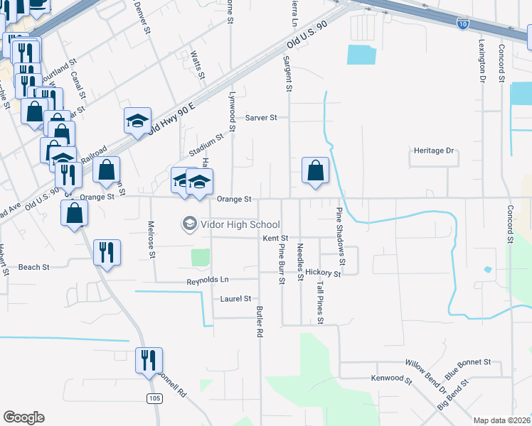 map of restaurants, bars, coffee shops, grocery stores, and more near 125 Butler Rd in Vidor