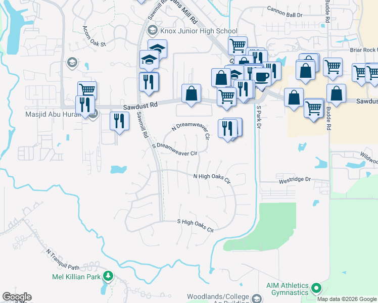 map of restaurants, bars, coffee shops, grocery stores, and more near 2 Evening Song Court in Spring