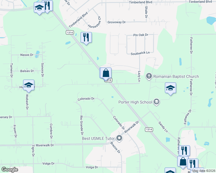 map of restaurants, bars, coffee shops, grocery stores, and more near 22415 Farm to Market Road 1314 in Porter