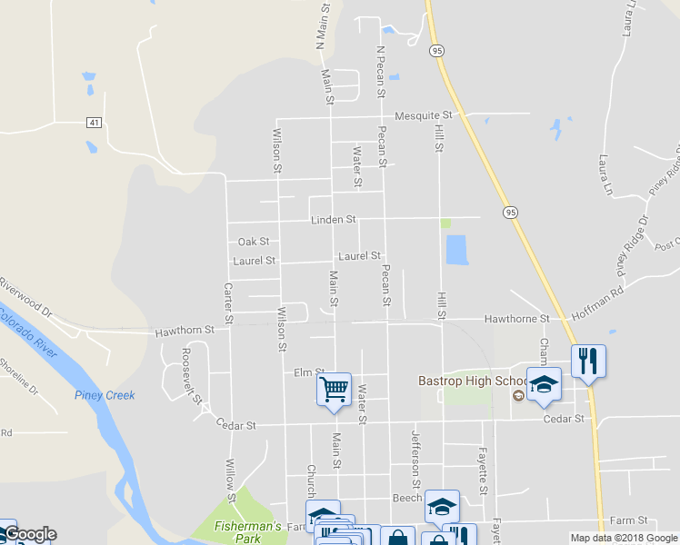 map of restaurants, bars, coffee shops, grocery stores, and more near 1915 Main Street in Bastrop