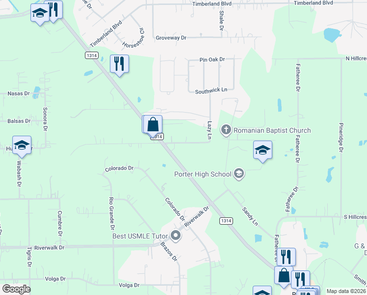 map of restaurants, bars, coffee shops, grocery stores, and more near 19518 Lazy Lane in Porter