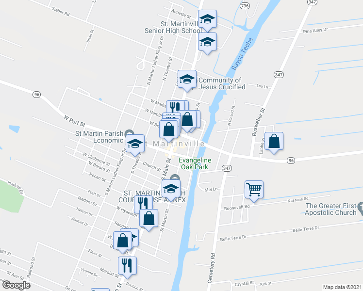 map of restaurants, bars, coffee shops, grocery stores, and more near 133 S Main St in St Martinville