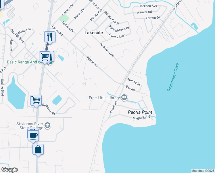 map of restaurants, bars, coffee shops, grocery stores, and more near 3126 Peoria Road in Orange Park