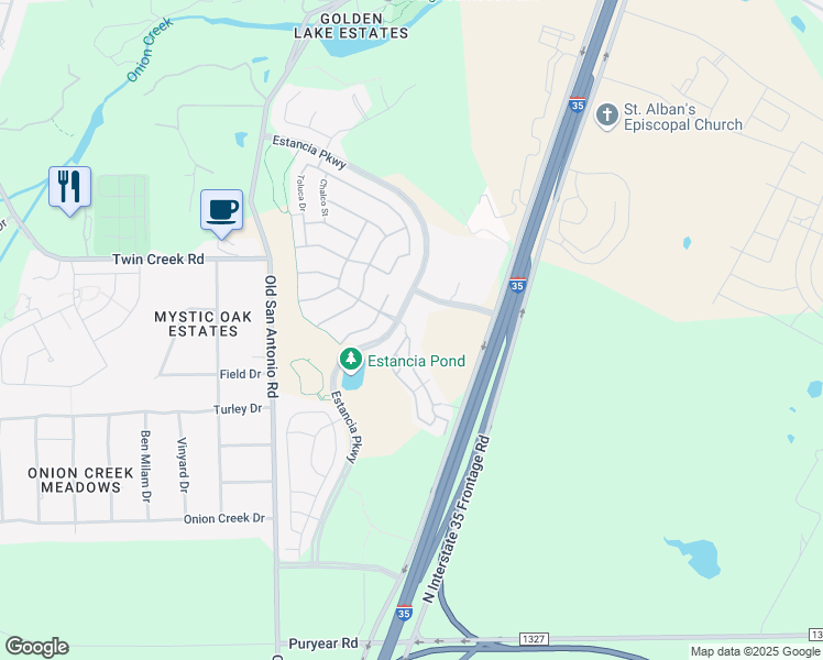 map of restaurants, bars, coffee shops, grocery stores, and more near Estancia Parkway in Manchaca