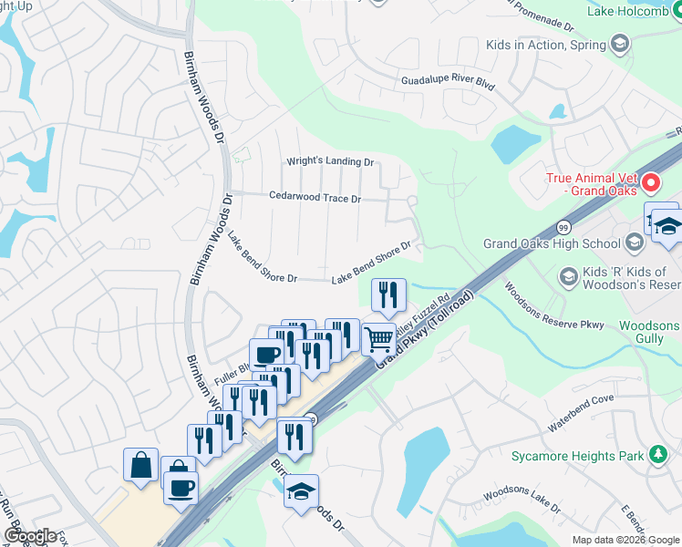 map of restaurants, bars, coffee shops, grocery stores, and more near 3707 Lake Bend Shore Drive in Spring
