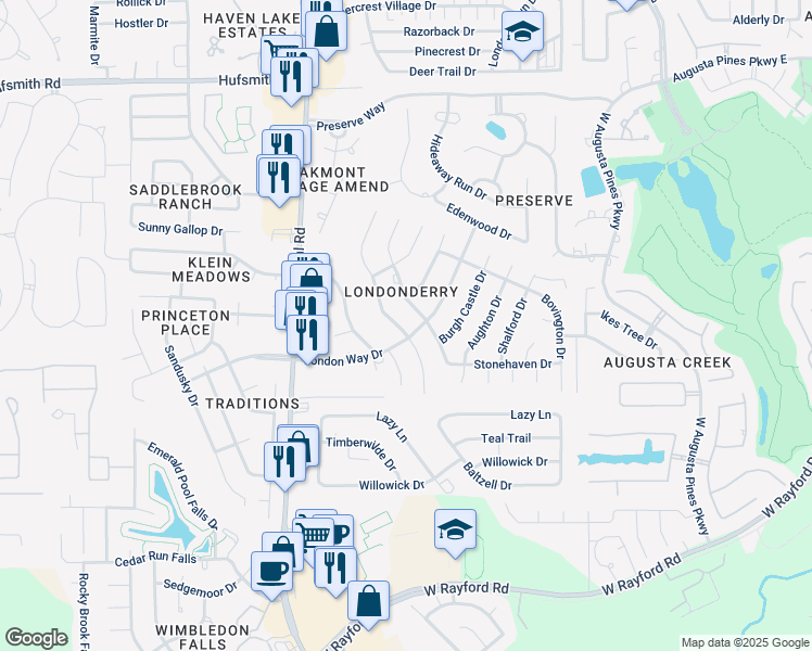 map of restaurants, bars, coffee shops, grocery stores, and more near 24906 Butterwick Drive in Spring