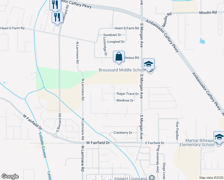 map of restaurants, bars, coffee shops, grocery stores, and more near 103 North Grindstone Drive in Broussard