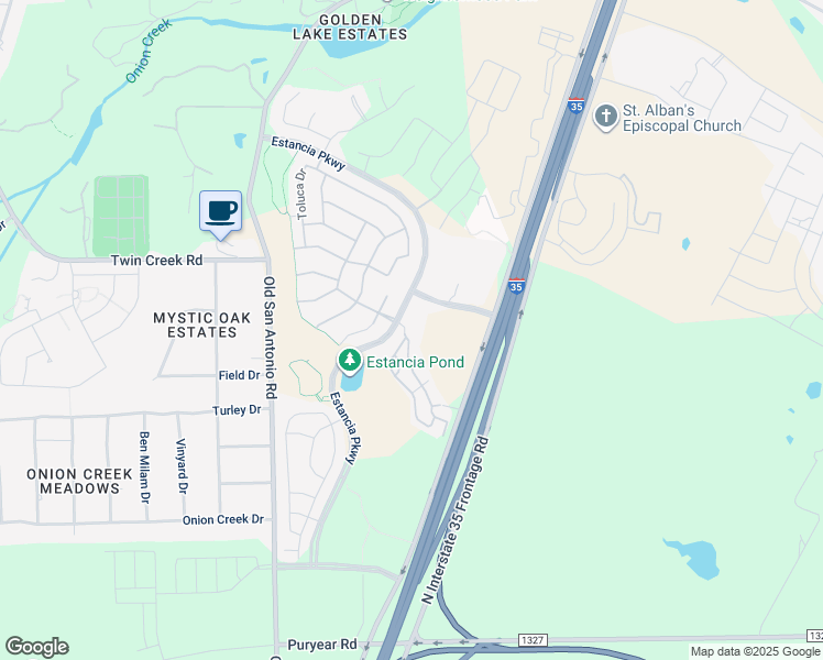 map of restaurants, bars, coffee shops, grocery stores, and more near Estancia Parkway in Manchaca