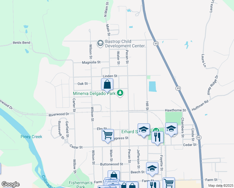 map of restaurants, bars, coffee shops, grocery stores, and more near 1915 Main Street in Bastrop