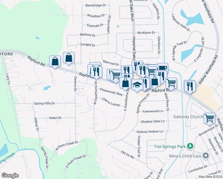 map of restaurants, bars, coffee shops, grocery stores, and more near 1927 Pinewoods Way in Spring