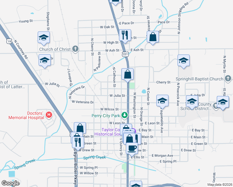 map of restaurants, bars, coffee shops, grocery stores, and more near 804 North Calhoun Street in Perry