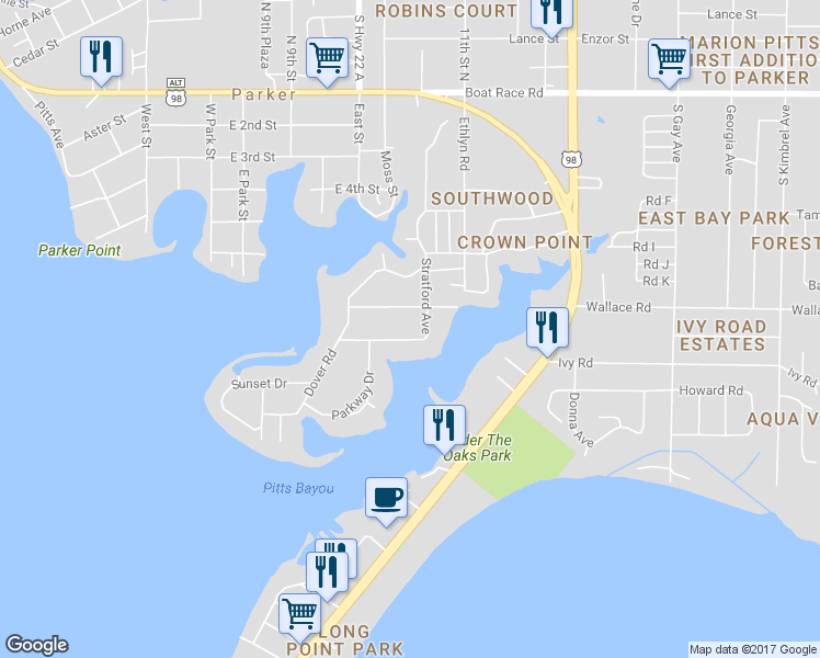 map of restaurants, bars, coffee shops, grocery stores, and more near 1334 Stratford Avenue in Panama City