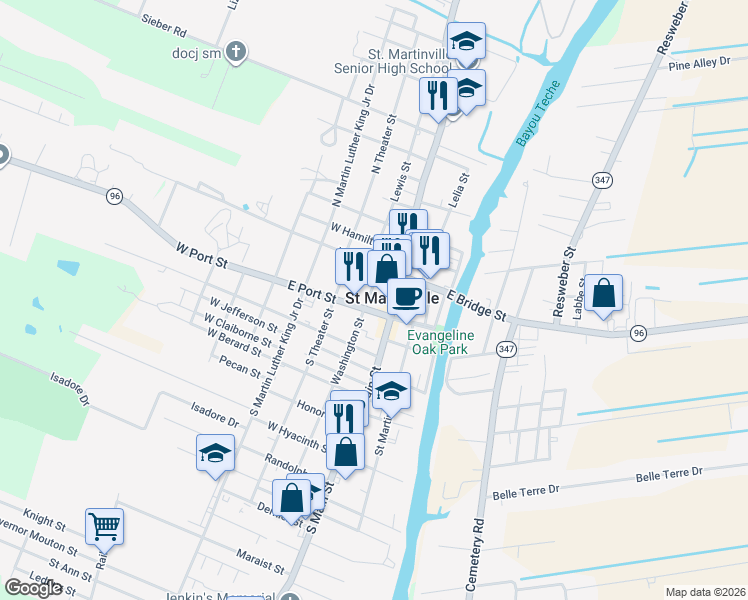 map of restaurants, bars, coffee shops, grocery stores, and more near in Saint Martinville