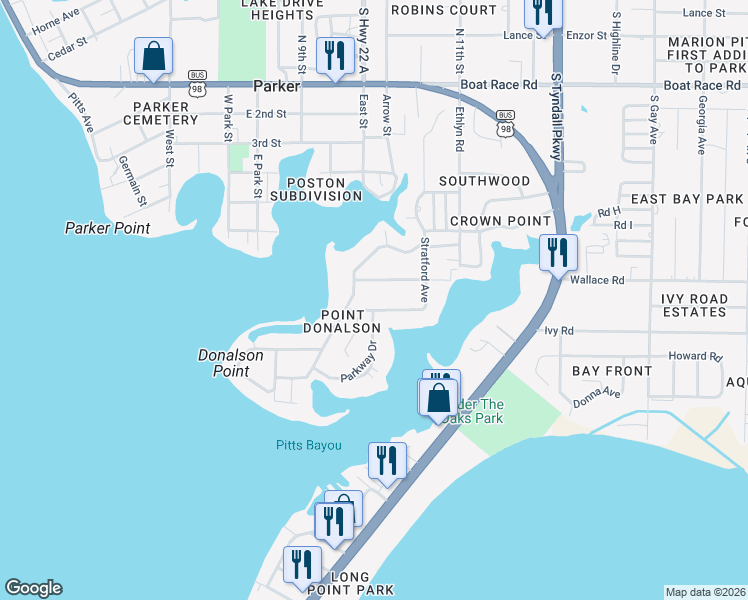 map of restaurants, bars, coffee shops, grocery stores, and more near 1360 Stratford Avenue in Panama City