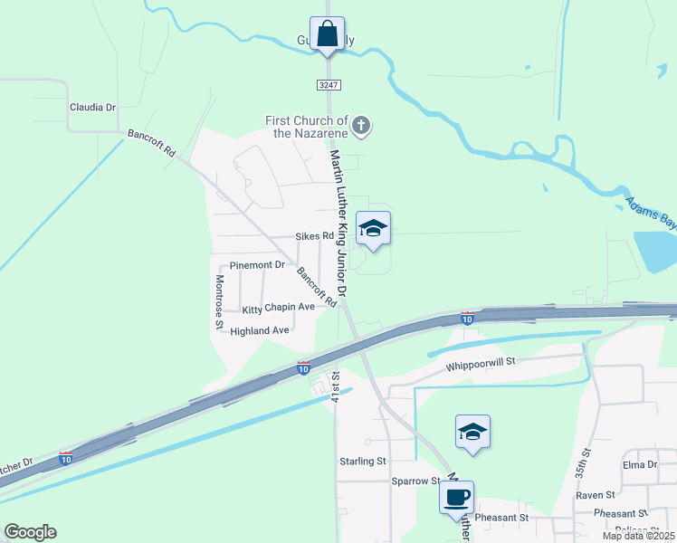 map of restaurants, bars, coffee shops, grocery stores, and more near 3301 Farm to Market Road 3247 in Orange
