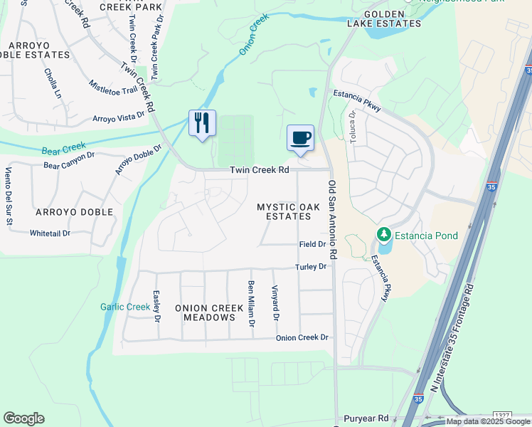 map of restaurants, bars, coffee shops, grocery stores, and more near 12702 Encino Drive in Manchaca