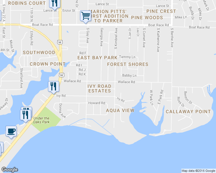 map of restaurants, bars, coffee shops, grocery stores, and more near 6105 Stephanie Drive in Panama City