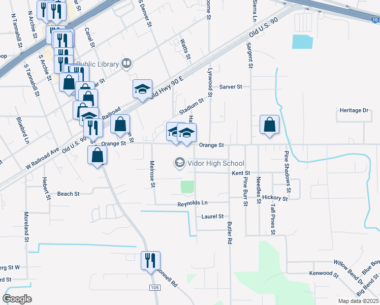 map of restaurants, bars, coffee shops, grocery stores, and more near 695 Lynn Street in Vidor