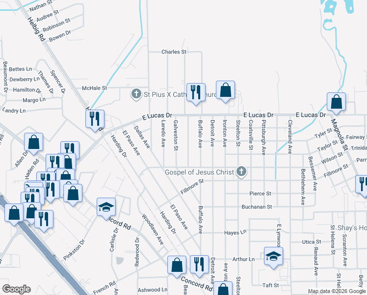 map of restaurants, bars, coffee shops, grocery stores, and more near 4635 Abilene Street in Beaumont