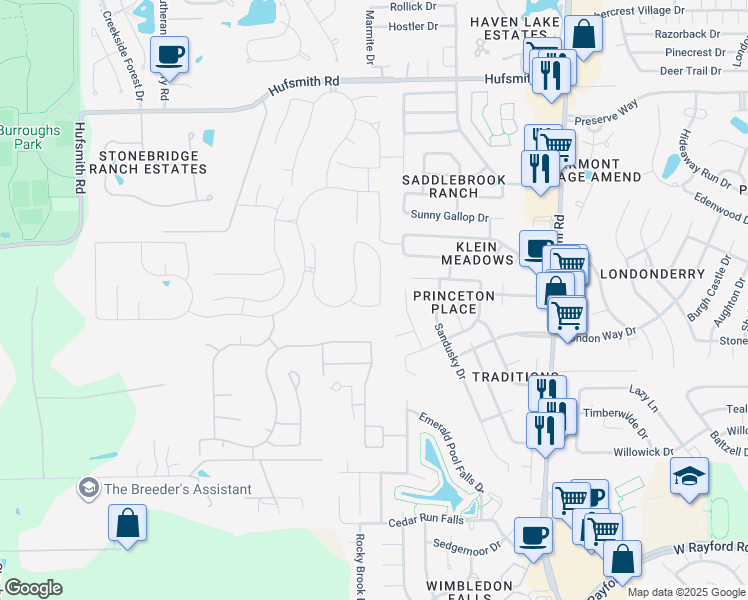 map of restaurants, bars, coffee shops, grocery stores, and more near 24907 Heather Glade Trail in Tomball