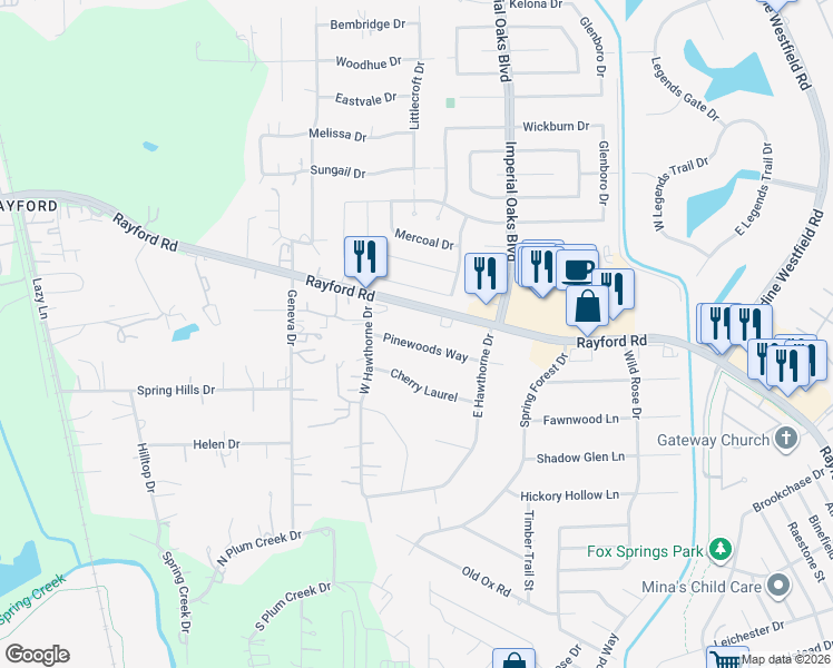 map of restaurants, bars, coffee shops, grocery stores, and more near 1927 Pinewoods Way in Spring