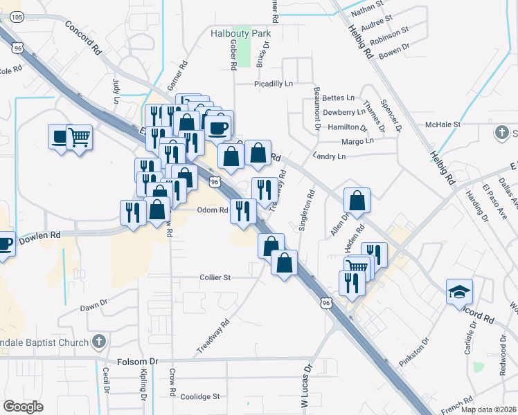 map of restaurants, bars, coffee shops, grocery stores, and more near 5290 Eastex Freeway in Beaumont