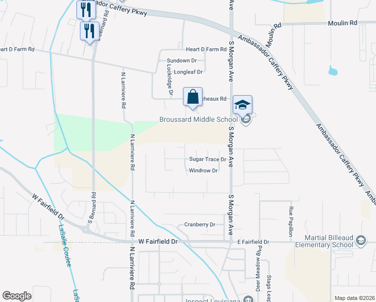 map of restaurants, bars, coffee shops, grocery stores, and more near 103 North Grindstone Drive in Broussard