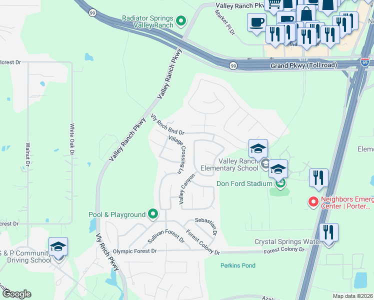 map of restaurants, bars, coffee shops, grocery stores, and more near 21387 Village Crossing Lane in Porter