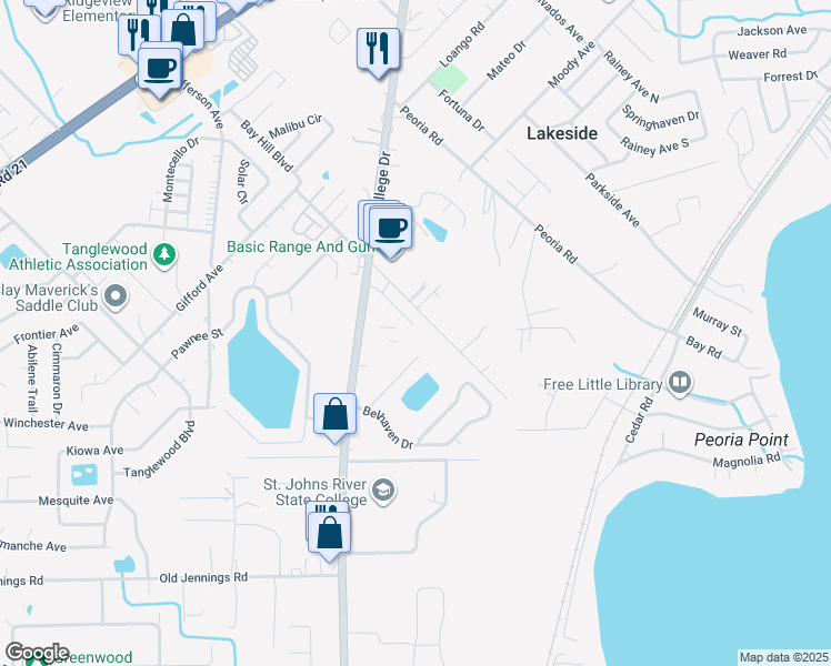 map of restaurants, bars, coffee shops, grocery stores, and more near 2607 Tuscany Glen Drive in Orange Park